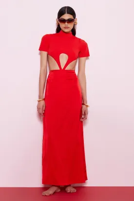 Layer in red satin skirt