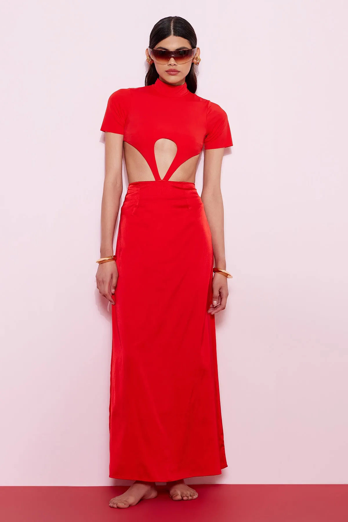 Layer in red satin skirt