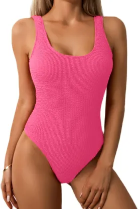 Limeeke Women One Piece Swimsuit Solid Ribbed Monokini Swimwear Scoop Neck Low Back Bathing Suit
