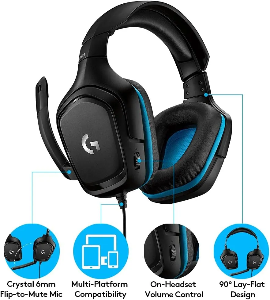 Logitech G432 Wired Gaming Headset, 7.1 Surround Sound, DTS Headphone:X 2.0, Flip-to-Mute Mic, PC (Leatherette) Black/Blue