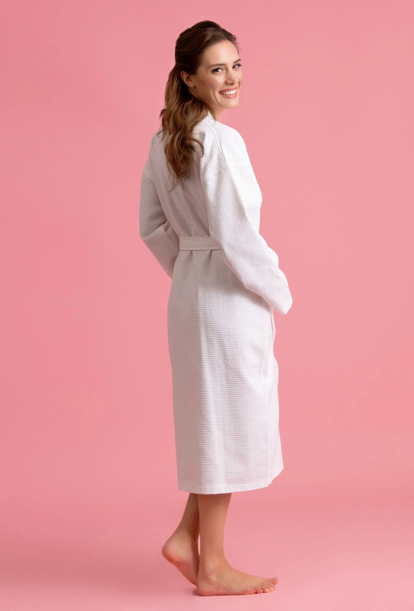 Luxurious 100% Cotton Women's Waffle Robe. Long, Lightweight White