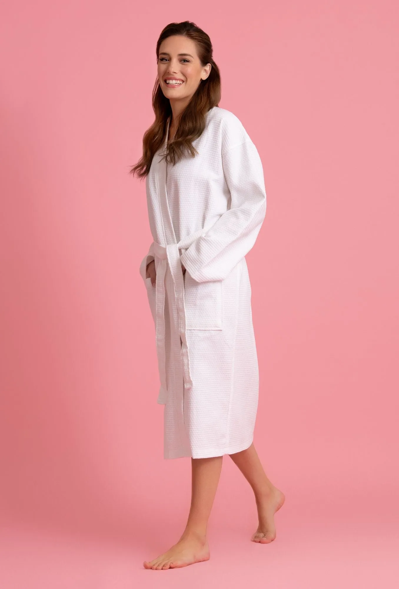 Luxurious 100% Cotton Women's Waffle Robe. Long, Lightweight White