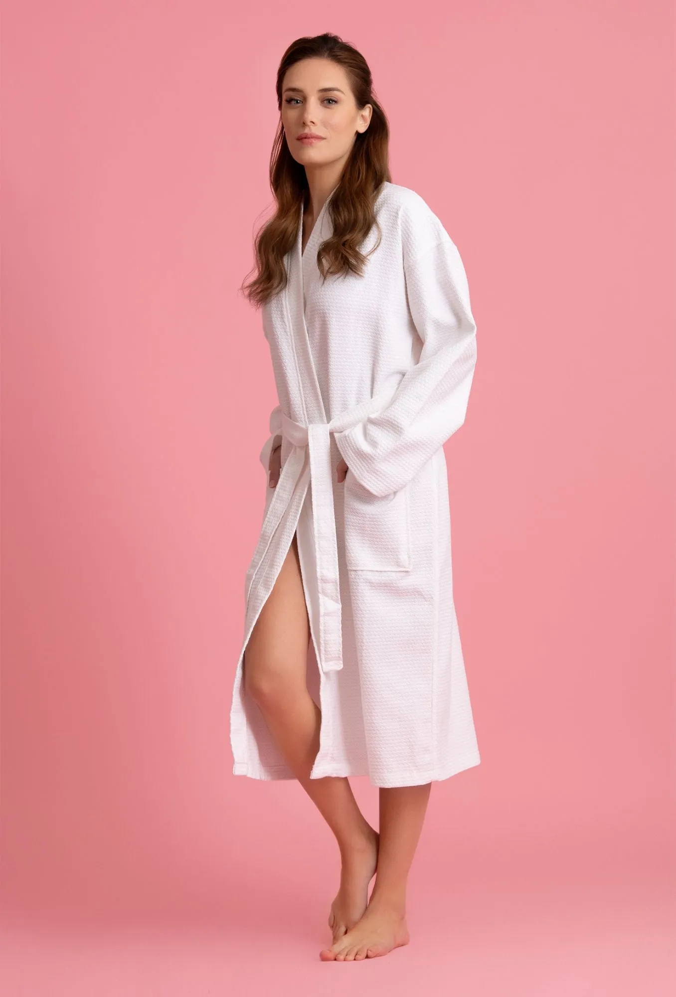 Luxurious 100% Cotton Women's Waffle Robe. Long, Lightweight White