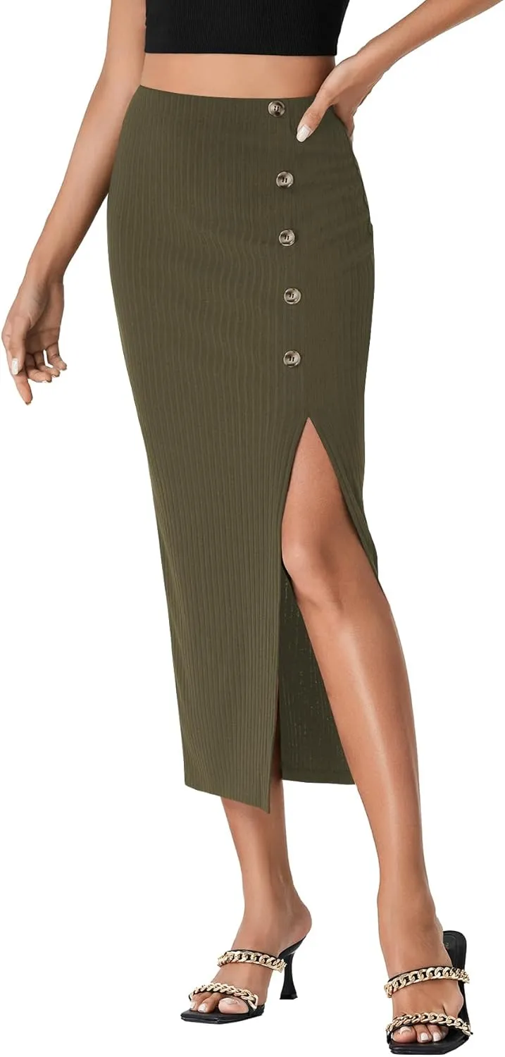LYANER Women's High Waist Long Pencil Skirt Side Split Bodycon Party Club Night Out Midi Skirts