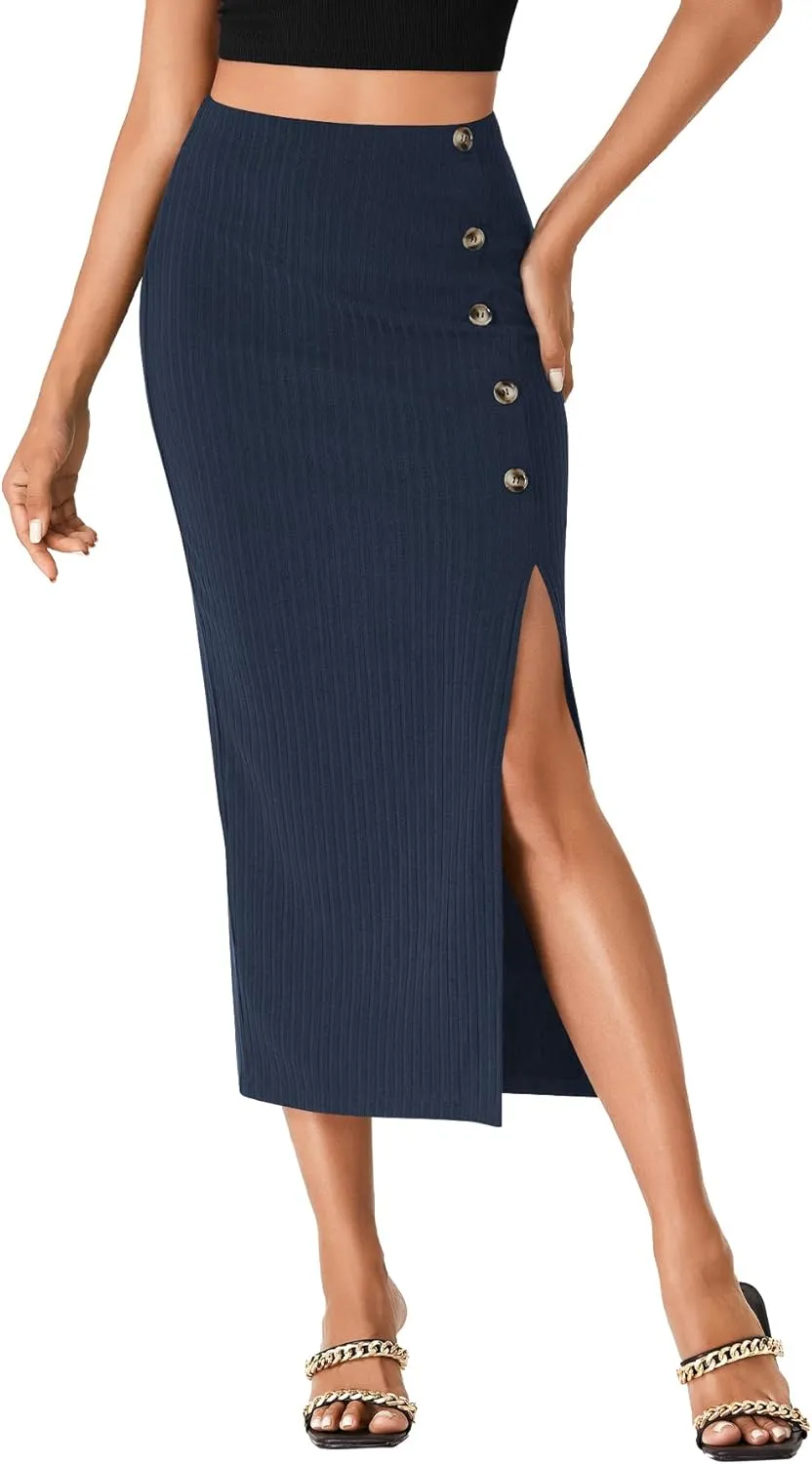LYANER Women's High Waist Long Pencil Skirt Side Split Bodycon Party Club Night Out Midi Skirts