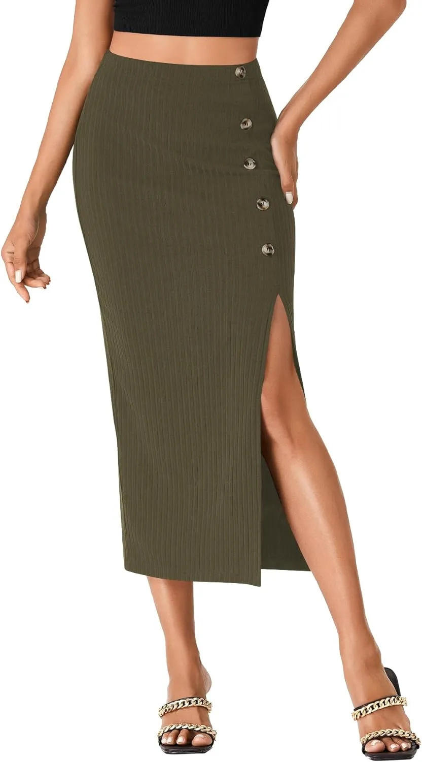 LYANER Women's High Waist Long Pencil Skirt Side Split Bodycon Party Club Night Out Midi Skirts