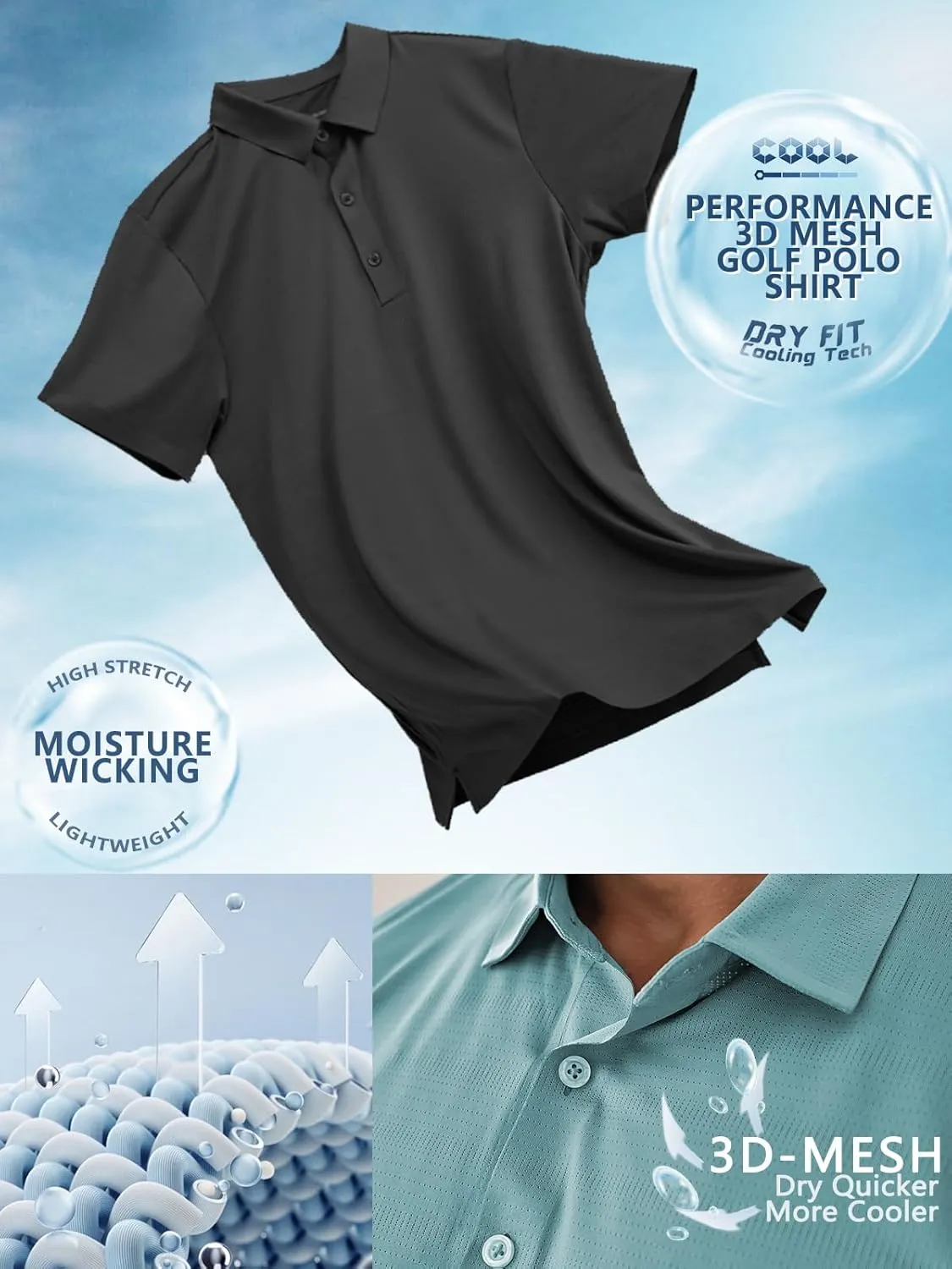 Mens Dry Fit Golf Shirt Performance Polo Short Sleeve Athletic Collared Mesh Shirt Moisture Wicking Seamless Tech