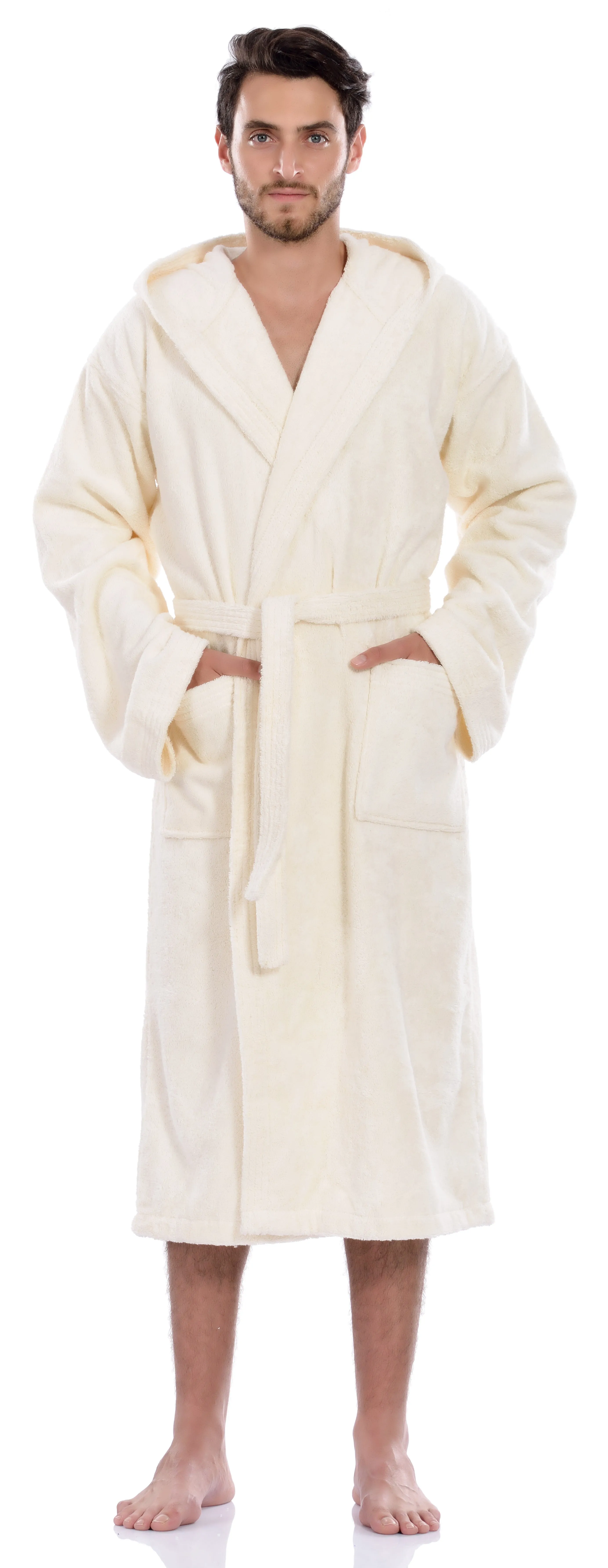 Men's Hooded Terry Bathrobe, Ivory, L