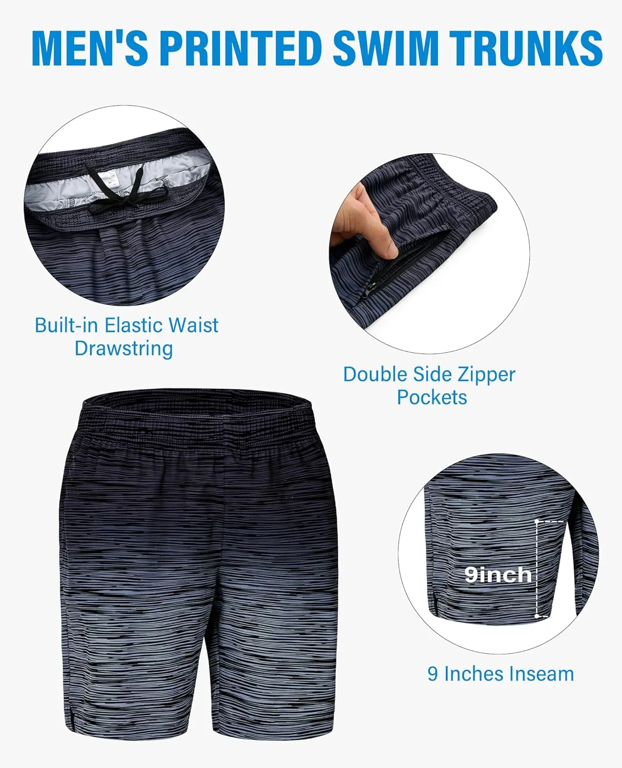 Men's Swim Trunks 9 Inch Printed Quick Dry Swim Shorts with Zipper Pocket No Liner Board Shorts Bathing Suit