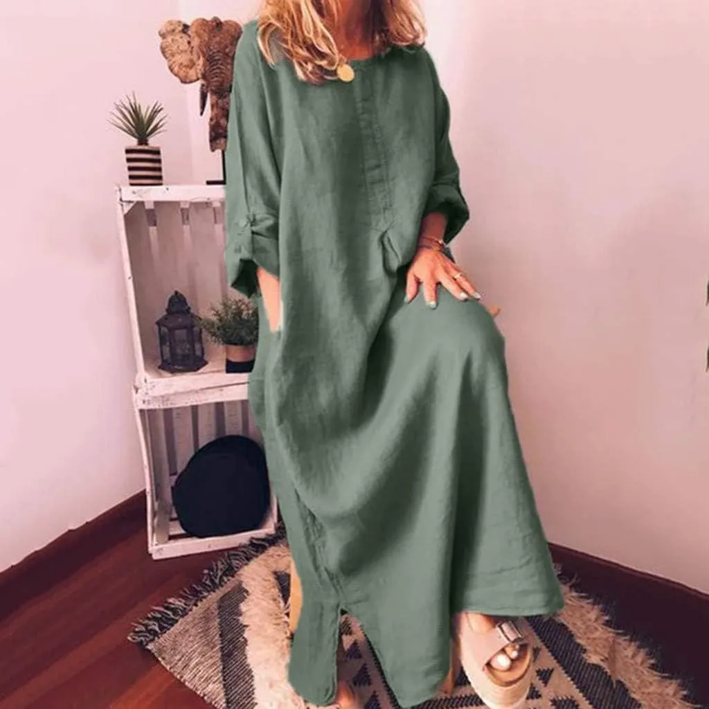Midi Dresses for Women Casual Loose Short Sleeve Long T Shirt Dress Round Neck Split Maxi Beach Sundress Resort Chic