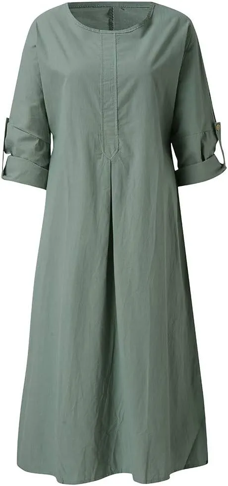 Midi Dresses for Women Casual Loose Short Sleeve Long T Shirt Dress Round Neck Split Maxi Beach Sundress Resort Chic