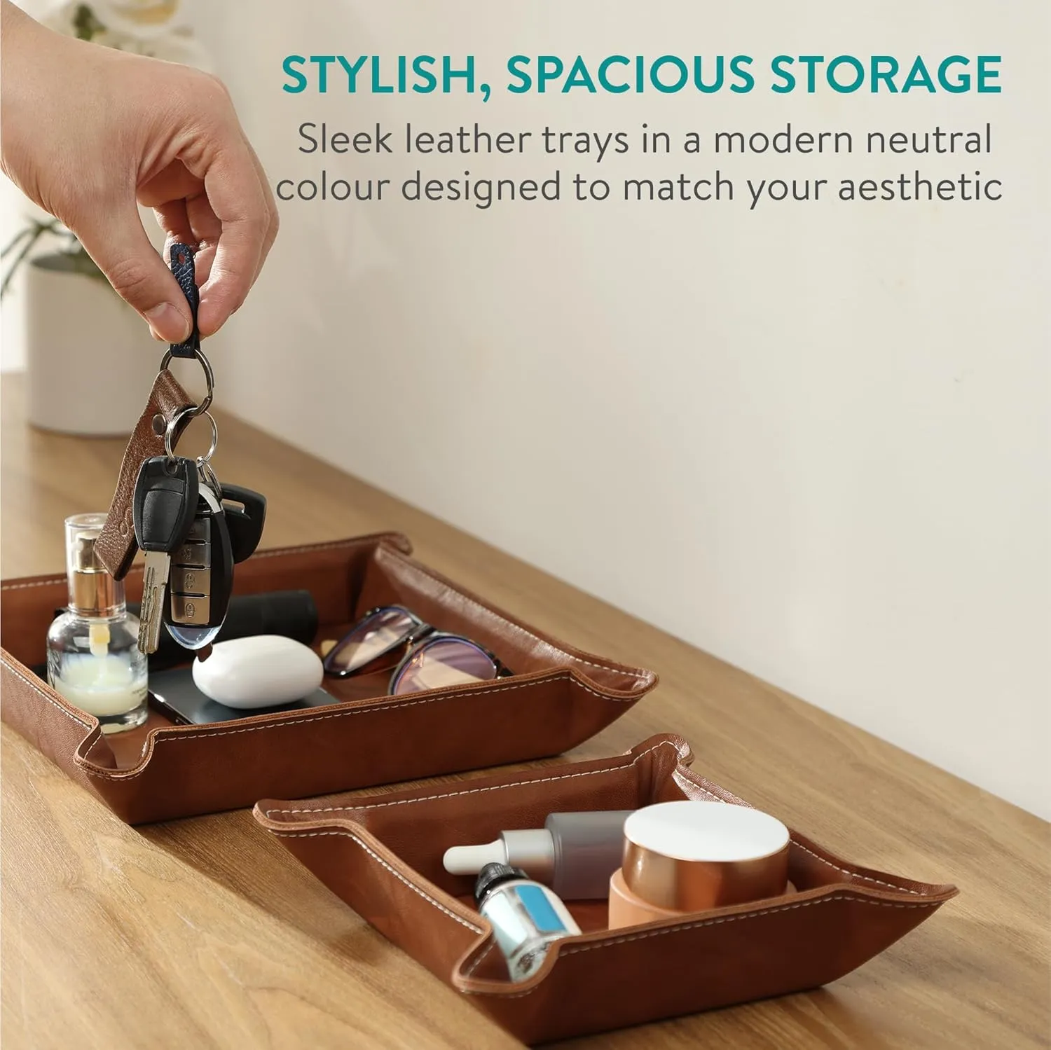Navaris Square PU Leather Tray Set - Versatile Vanity or Bedside Table Organiser - Womens and Mens Coin, Key, or Valet Bowl - Stylish Storage Trays - Set of 2 - Brown