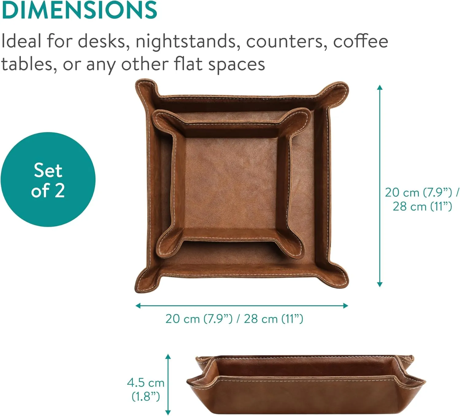 Navaris Square PU Leather Tray Set - Versatile Vanity or Bedside Table Organiser - Womens and Mens Coin, Key, or Valet Bowl - Stylish Storage Trays - Set of 2 - Brown