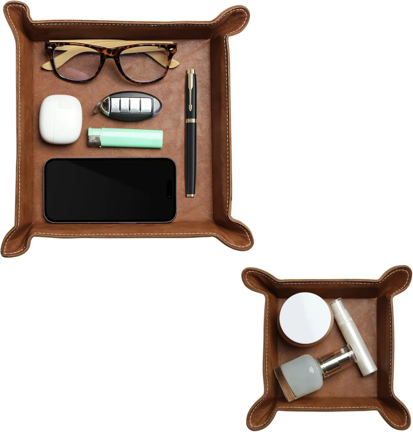 Navaris Square PU Leather Tray Set - Versatile Vanity or Bedside Table Organiser - Womens and Mens Coin, Key, or Valet Bowl - Stylish Storage Trays - Set of 2 - Brown