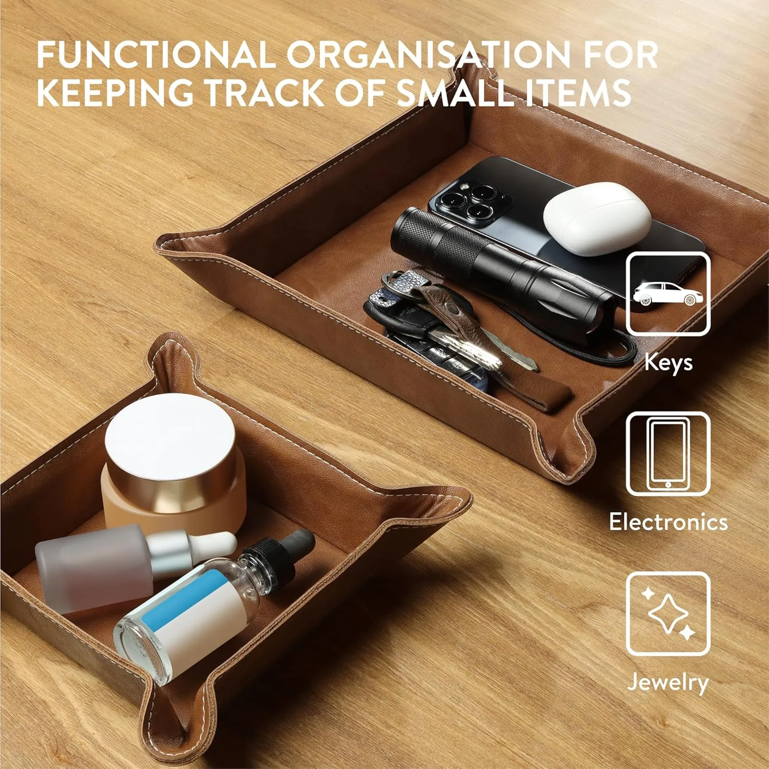 Navaris Square PU Leather Tray Set - Versatile Vanity or Bedside Table Organiser - Womens and Mens Coin, Key, or Valet Bowl - Stylish Storage Trays - Set of 2 - Brown