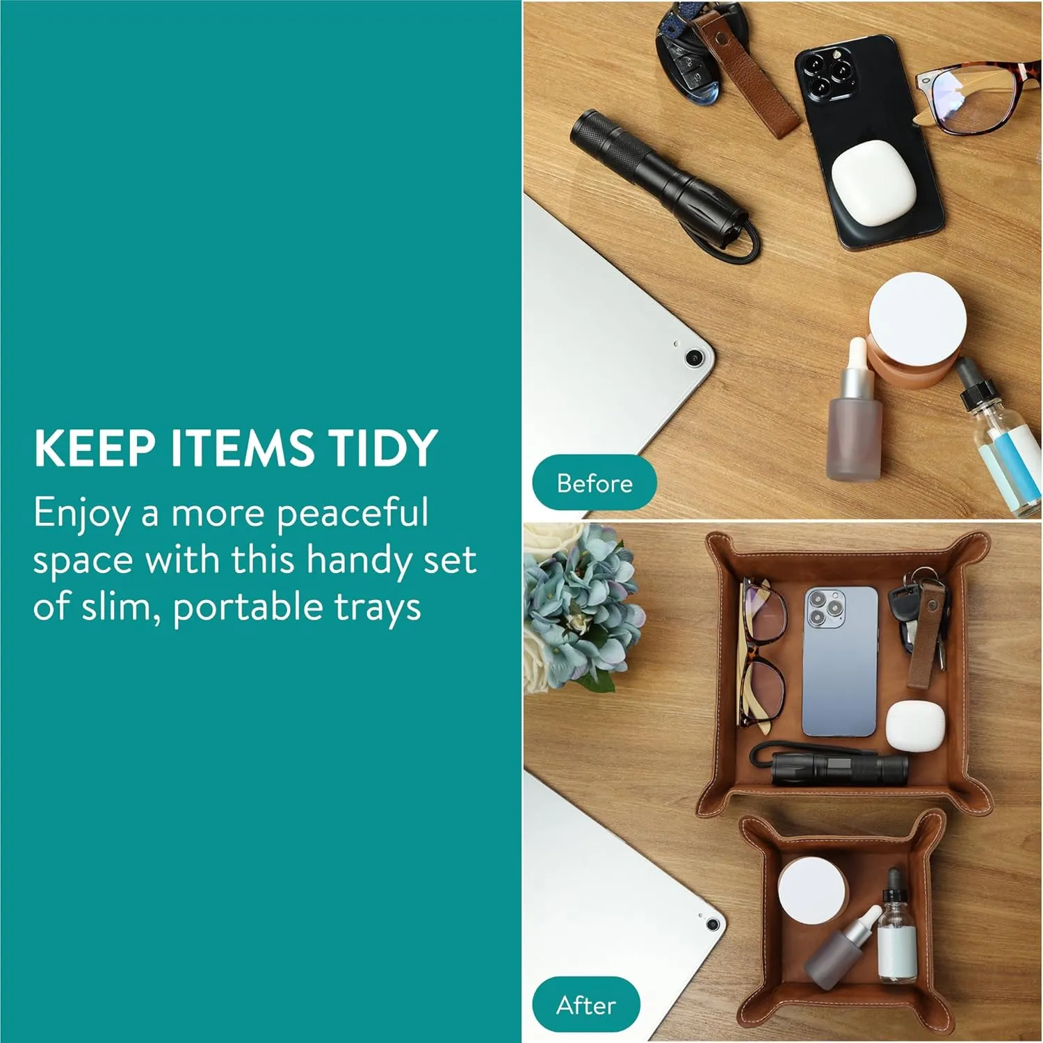 Navaris Square PU Leather Tray Set - Versatile Vanity or Bedside Table Organiser - Womens and Mens Coin, Key, or Valet Bowl - Stylish Storage Trays - Set of 2 - Brown