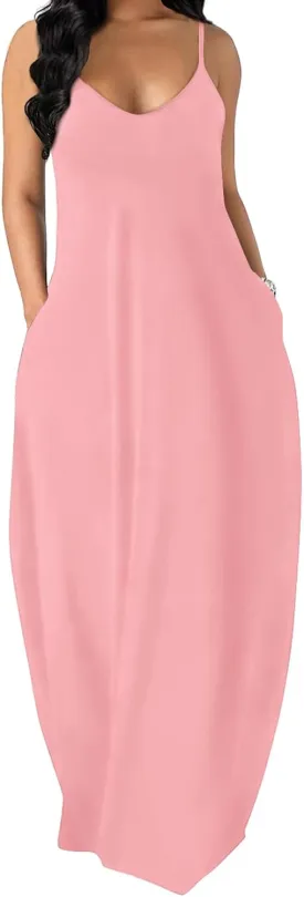 OFEEFAN Women's Maxi Dresses Summer Spaghetti Strap Dress with Pockets