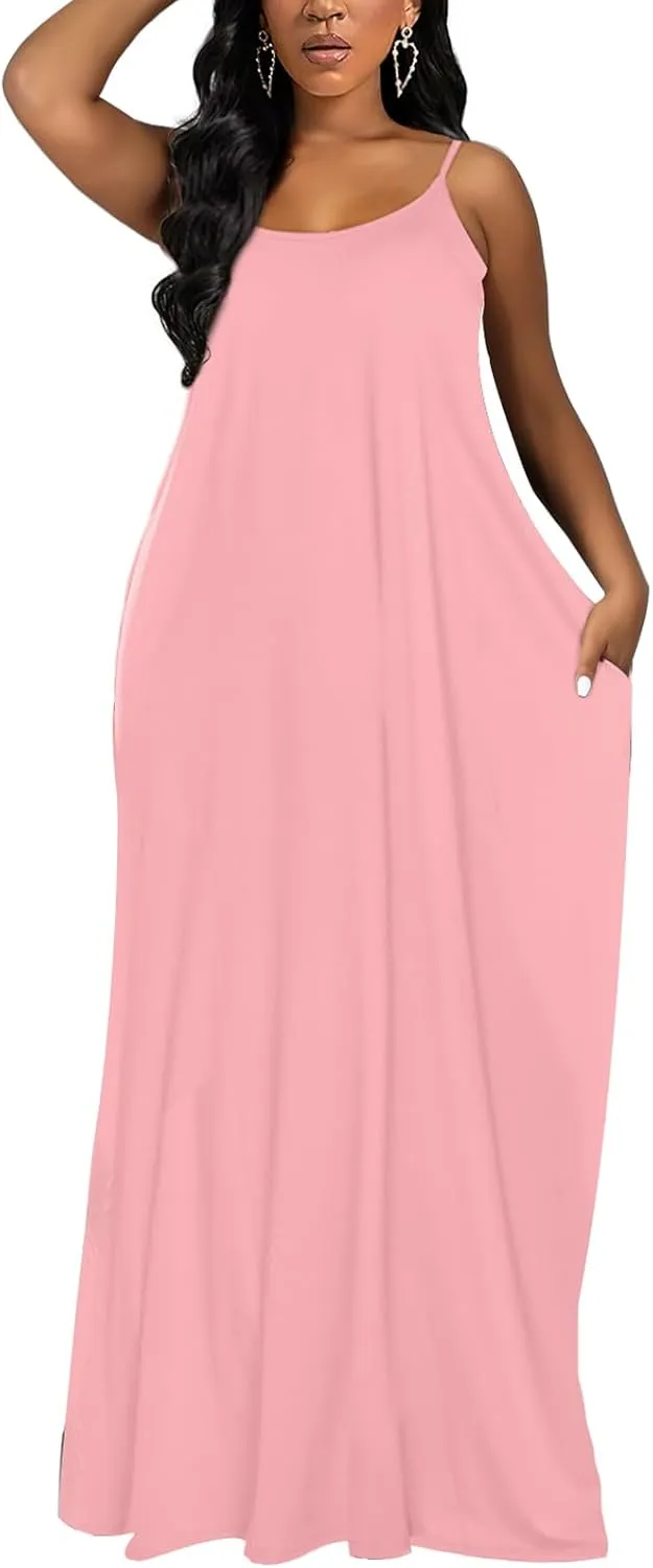 OFEEFAN Women's Maxi Dresses Summer Spaghetti Strap Dress with Pockets
