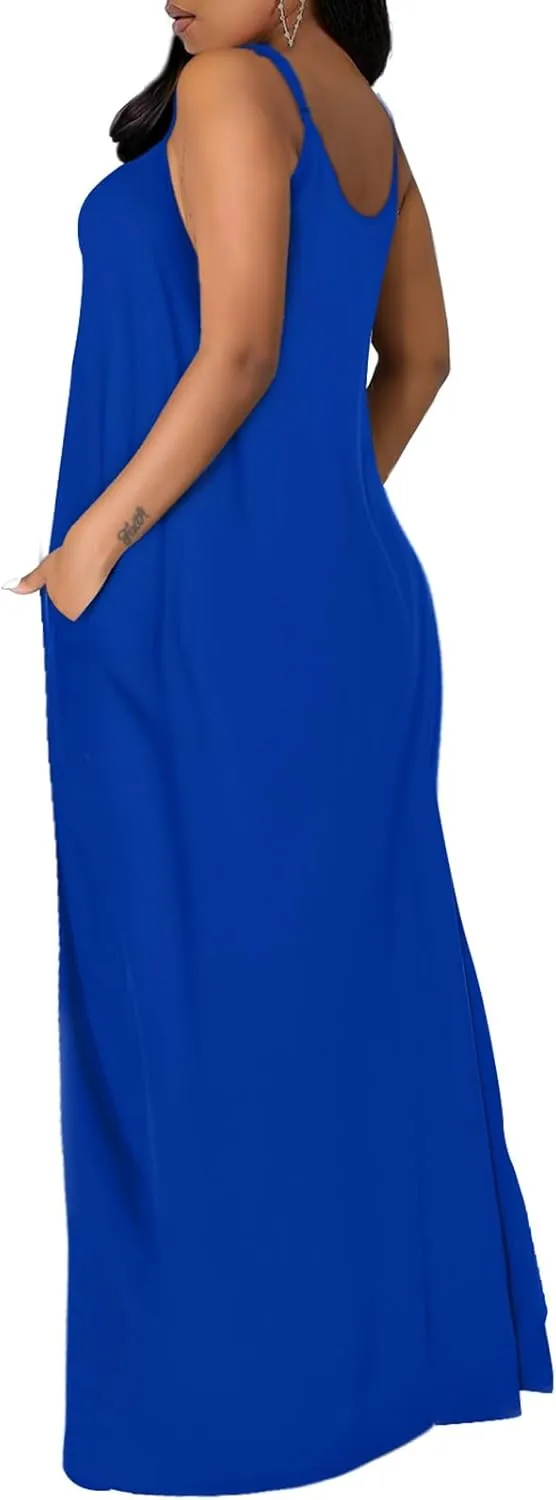OFEEFAN Women's Maxi Dresses Summer Spaghetti Strap Dress with Pockets