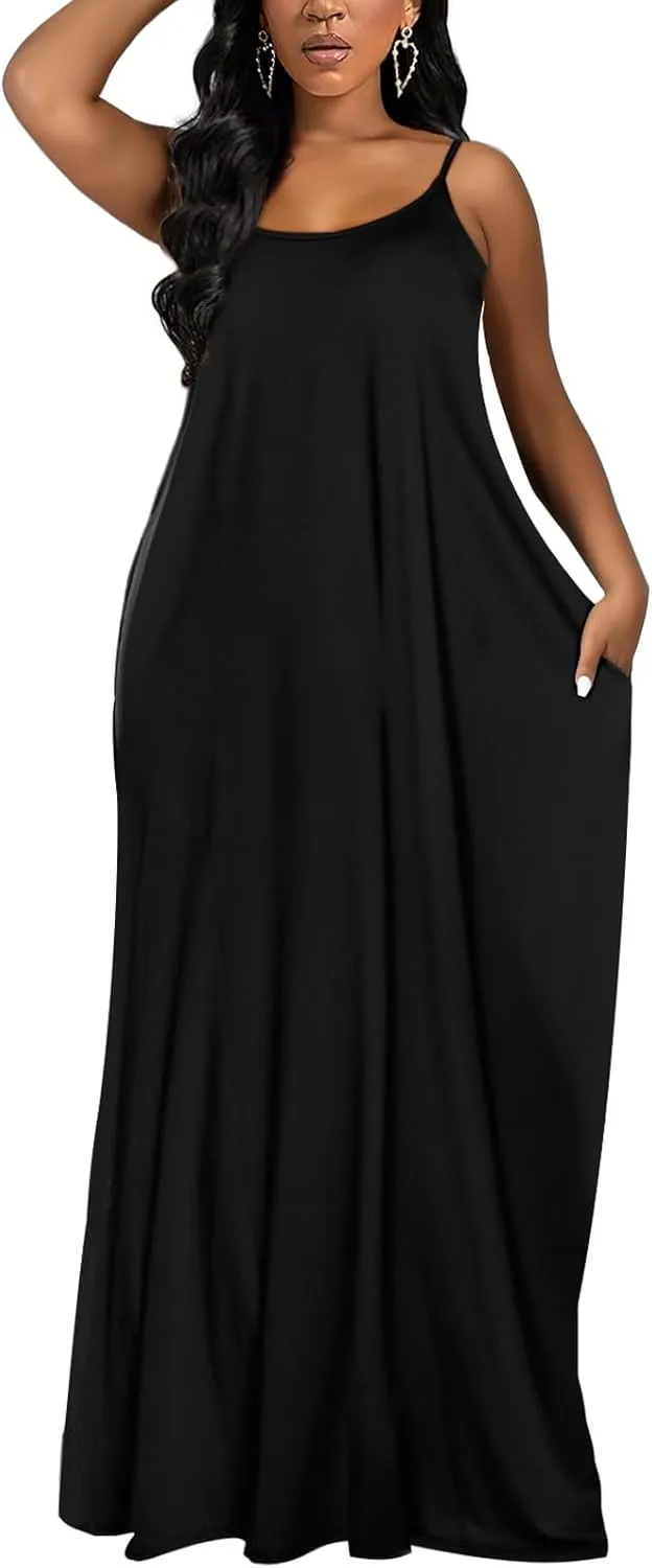 OFEEFAN Women's Maxi Dresses Summer Spaghetti Strap Dress with Pockets