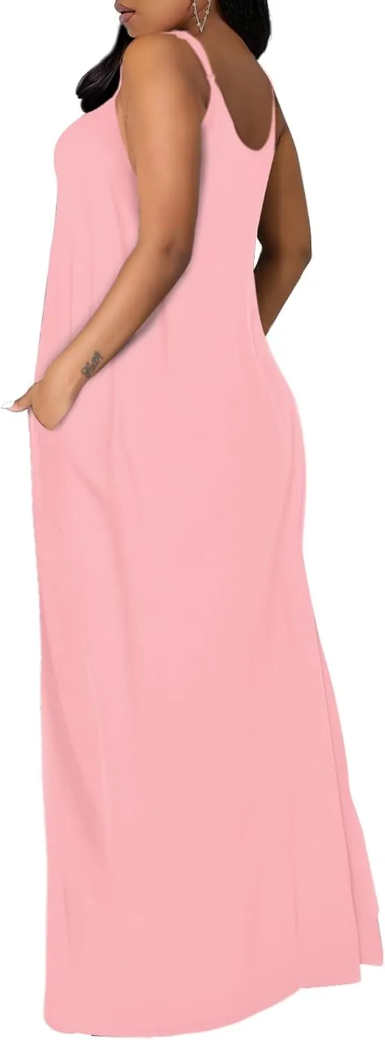 OFEEFAN Women's Maxi Dresses Summer Spaghetti Strap Dress with Pockets