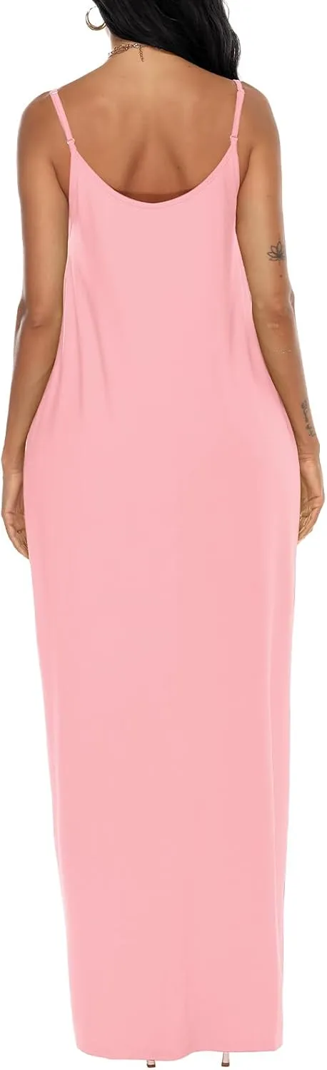 OFEEFAN Women's Maxi Dresses Summer Spaghetti Strap Dress with Pockets
