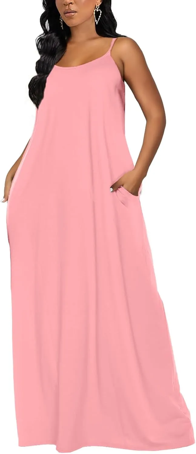 OFEEFAN Women's Maxi Dresses Summer Spaghetti Strap Dress with Pockets