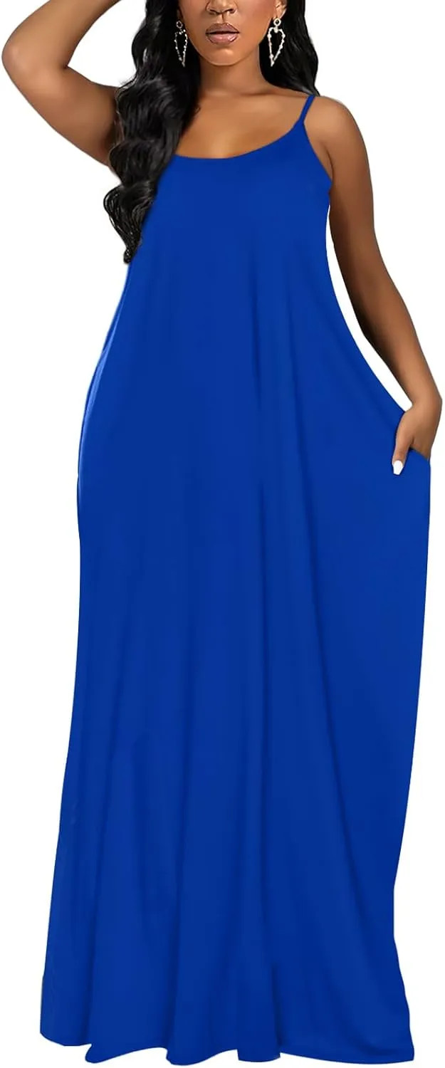 OFEEFAN Women's Maxi Dresses Summer Spaghetti Strap Dress with Pockets