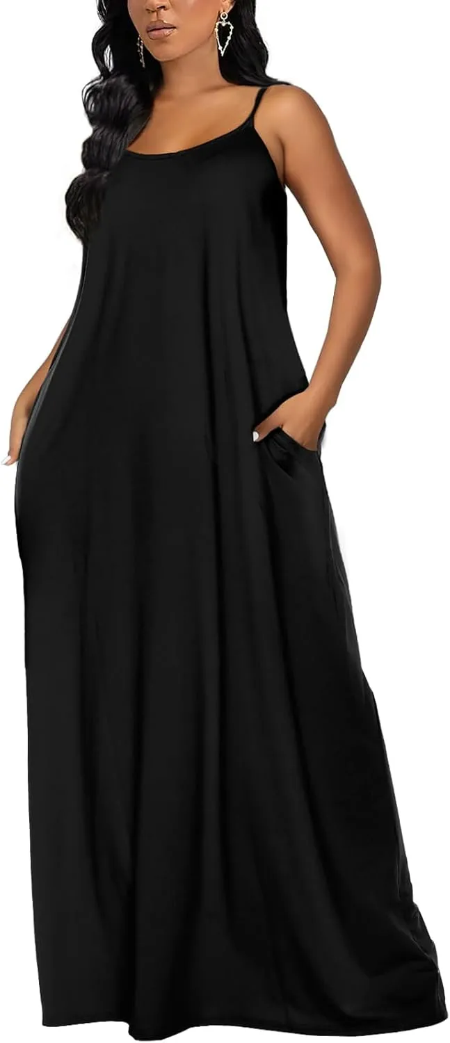 OFEEFAN Women's Maxi Dresses Summer Spaghetti Strap Dress with Pockets