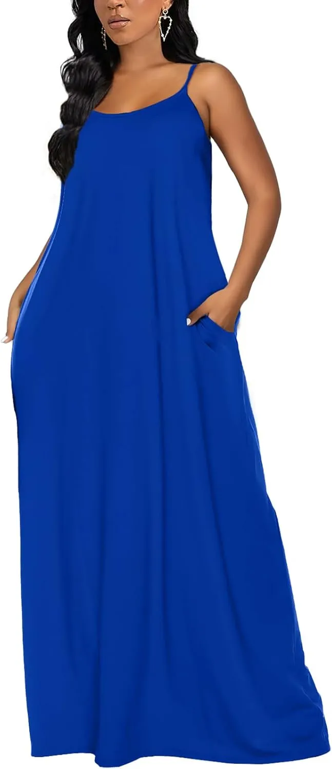 OFEEFAN Women's Maxi Dresses Summer Spaghetti Strap Dress with Pockets