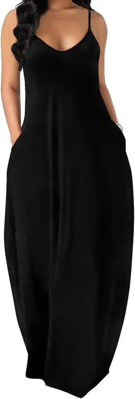 OFEEFAN Women's Maxi Dresses Summer Spaghetti Strap Dress with Pockets