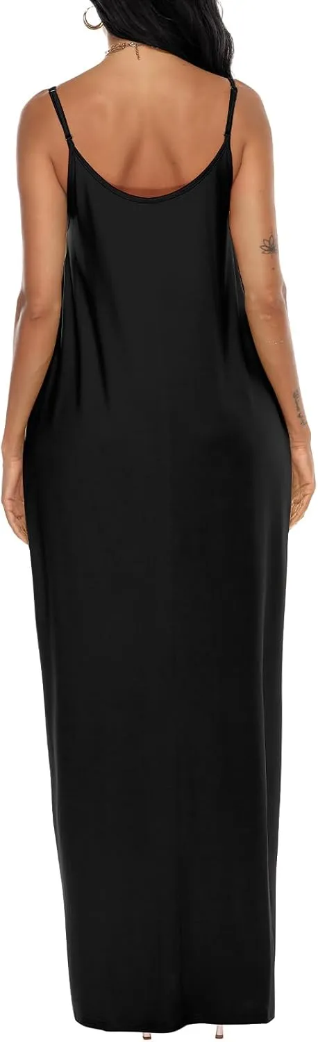 OFEEFAN Women's Maxi Dresses Summer Spaghetti Strap Dress with Pockets