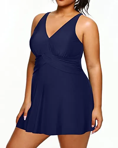One Piece Swimsuit With A Line Silhouette And High Waist For Women-Navy Blue