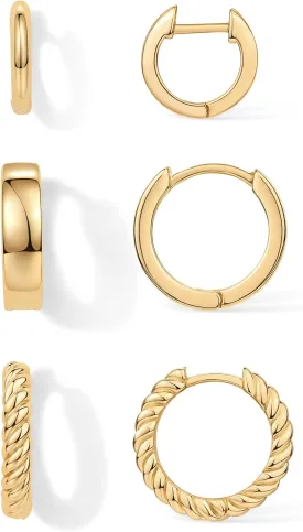 PAVOI 14K-18K Yellow Gold Plated Sterling Silver Posts Three Pairs Small Hoop Earrings for Women - Statement Gold Hoop Earrings Set - Cubic Zirconia Rope Teardrop Chunky Huggie Earscape Piercings