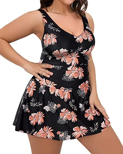 Plus Size One Piece Swim Dress With Tummy Control For Women-Black Orange Floral