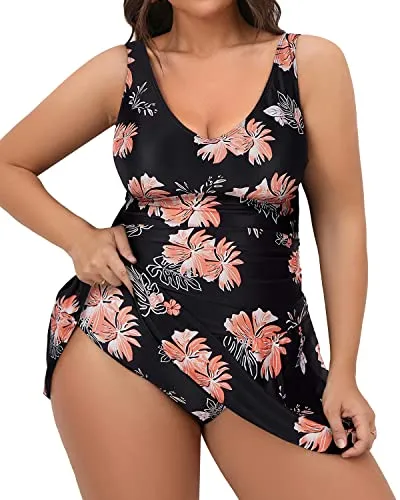 Plus Size One Piece Swim Dress With Tummy Control For Women-Black Orange Floral