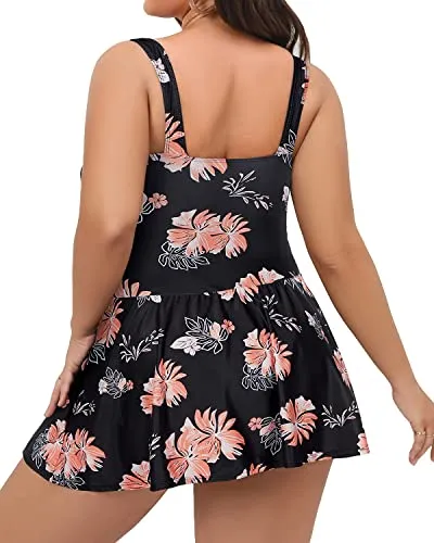 Plus Size One Piece Swim Dress With Tummy Control For Women-Black Orange Floral