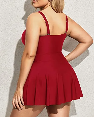 Plus Size One Piece Swimsuit Skirt V Neck Swimdress Cutout Bathing Suits-Red