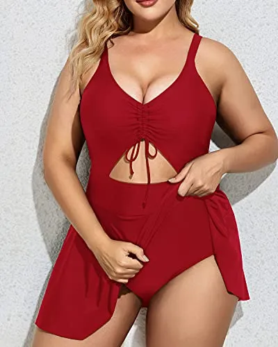 Plus Size One Piece Swimsuit Skirt V Neck Swimdress Cutout Bathing Suits-Red