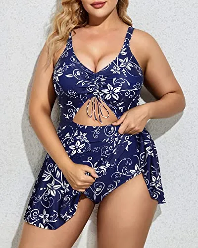 Plus Size Push Up Padded Bra Swimsuit Dress Bottom Coverage-Navy Blue Floral
