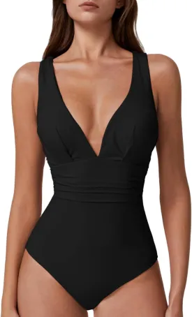 QINSEN Womens Sexy V Neck One Piece Bathing Suit Cross Back Swimsuit High Waist Monokini