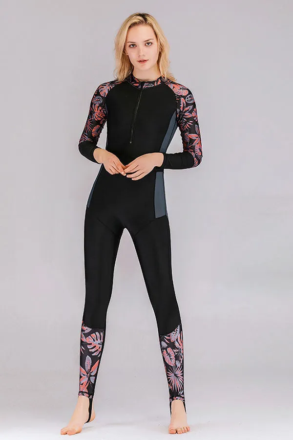 Quick-drying UPF50 Tropical Floral Print Front Zip Fullsuit Wetsuit