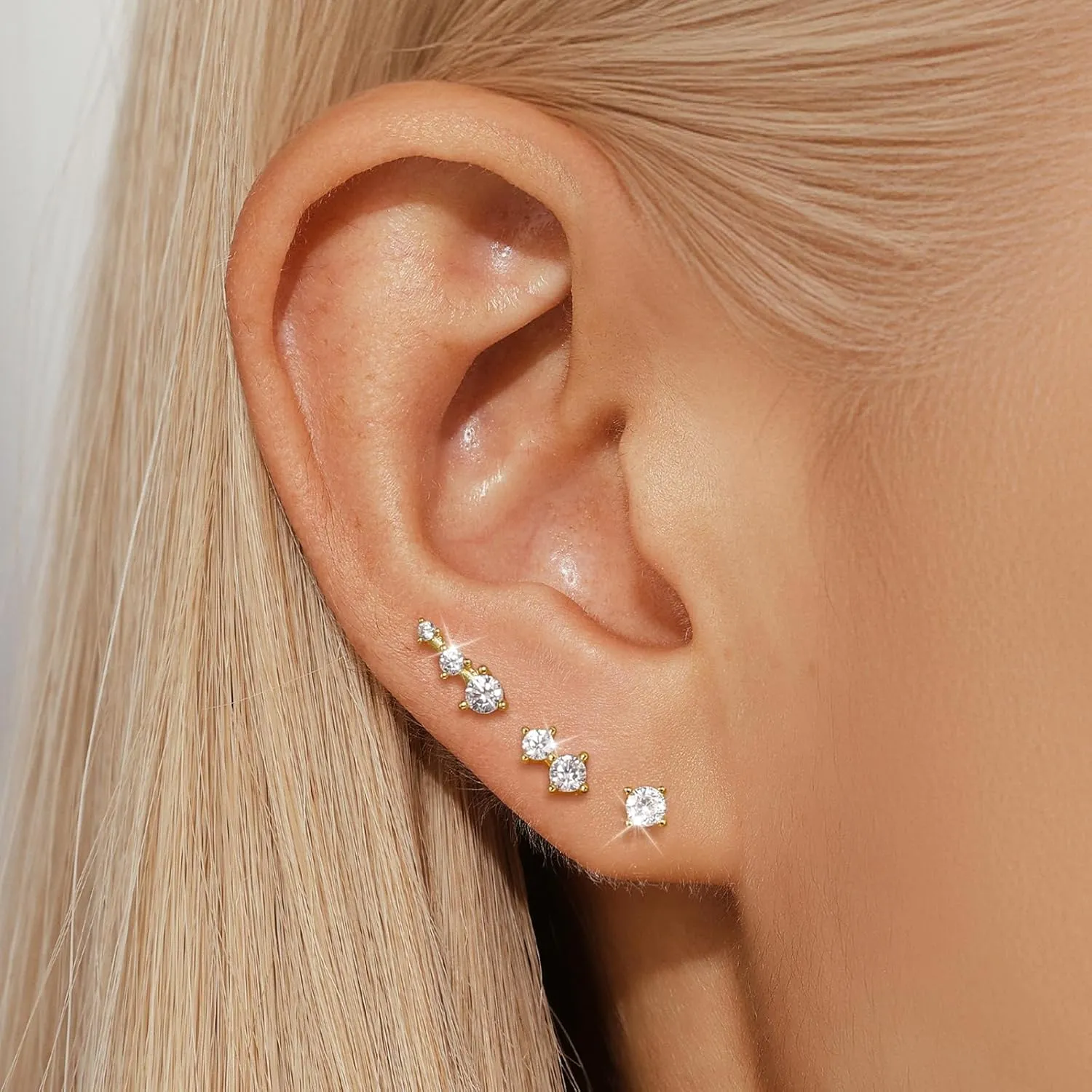 QUINBY Earrings For Women Trendy 14k Gold Plated Stud Earrings Set Hypoallergenic Cartilage Stud Earring Cubic Zirconia Sterling Silver Earring Set For Multiple Piercing