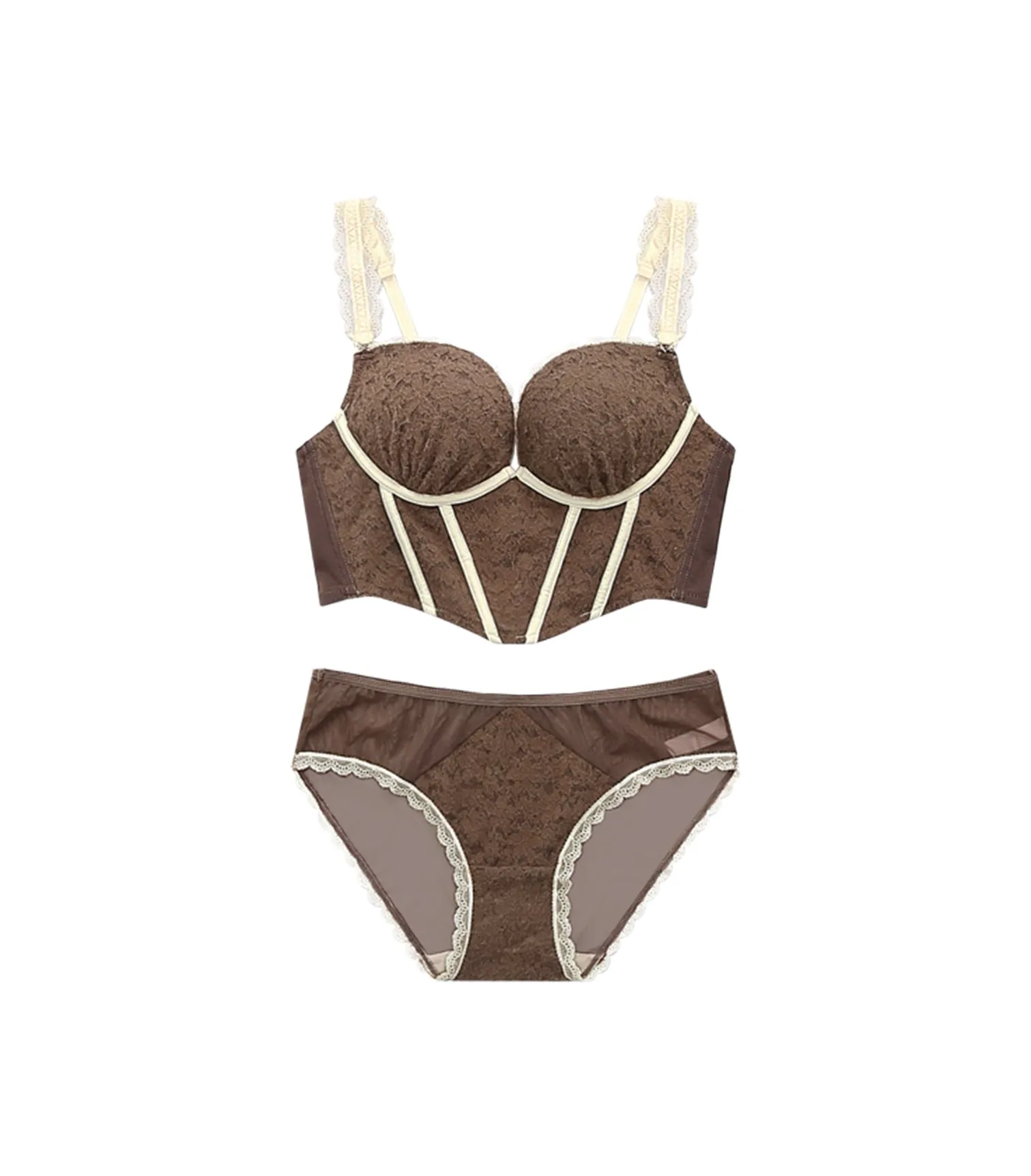 Revealing Contrasting Lace Wireless Corset Bra Set Coffee