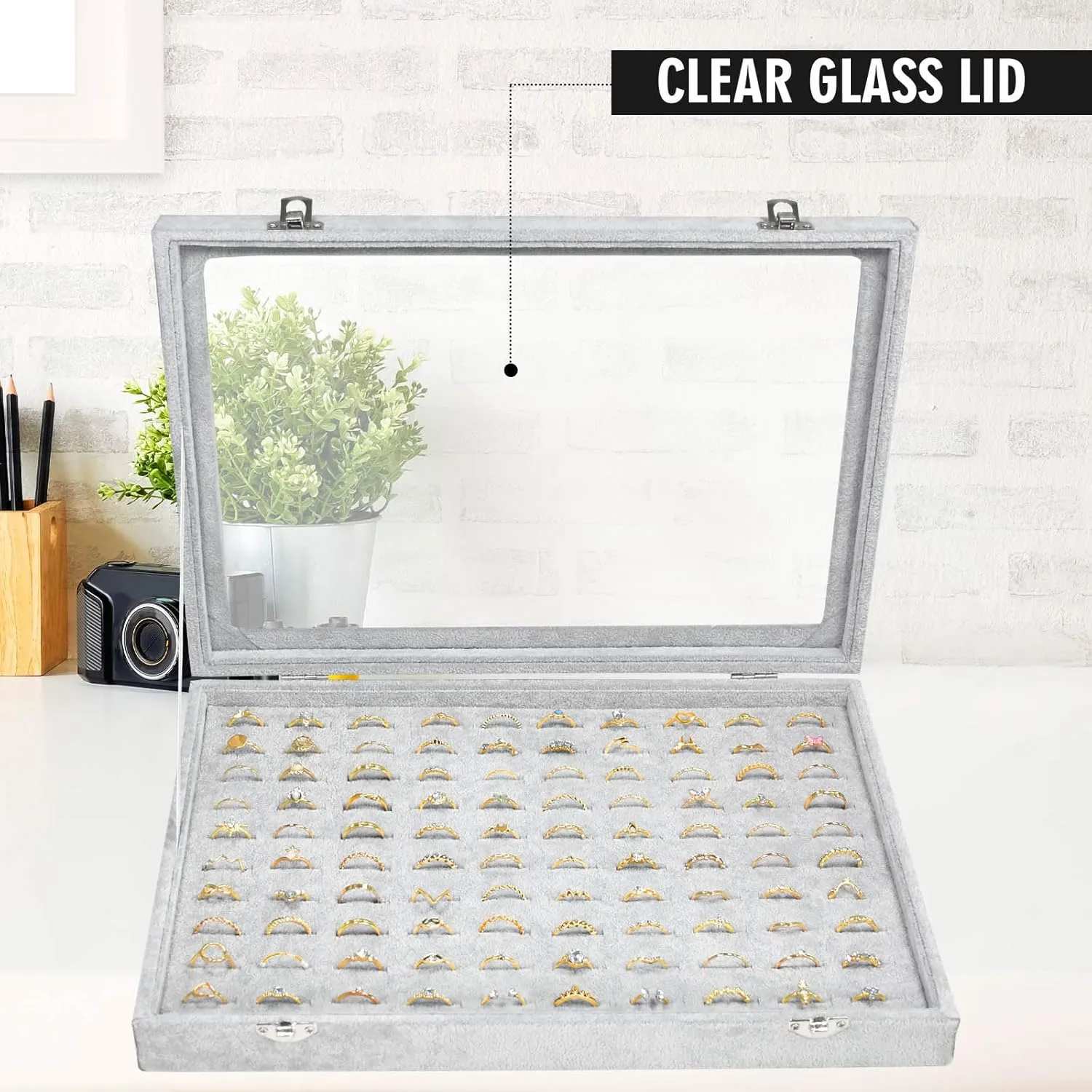 Ring Display Case Organizer Box with Transparent Lid, Showcase for Store Display Jewelry & Home, 100 Slot Ring Organizer (Grey)