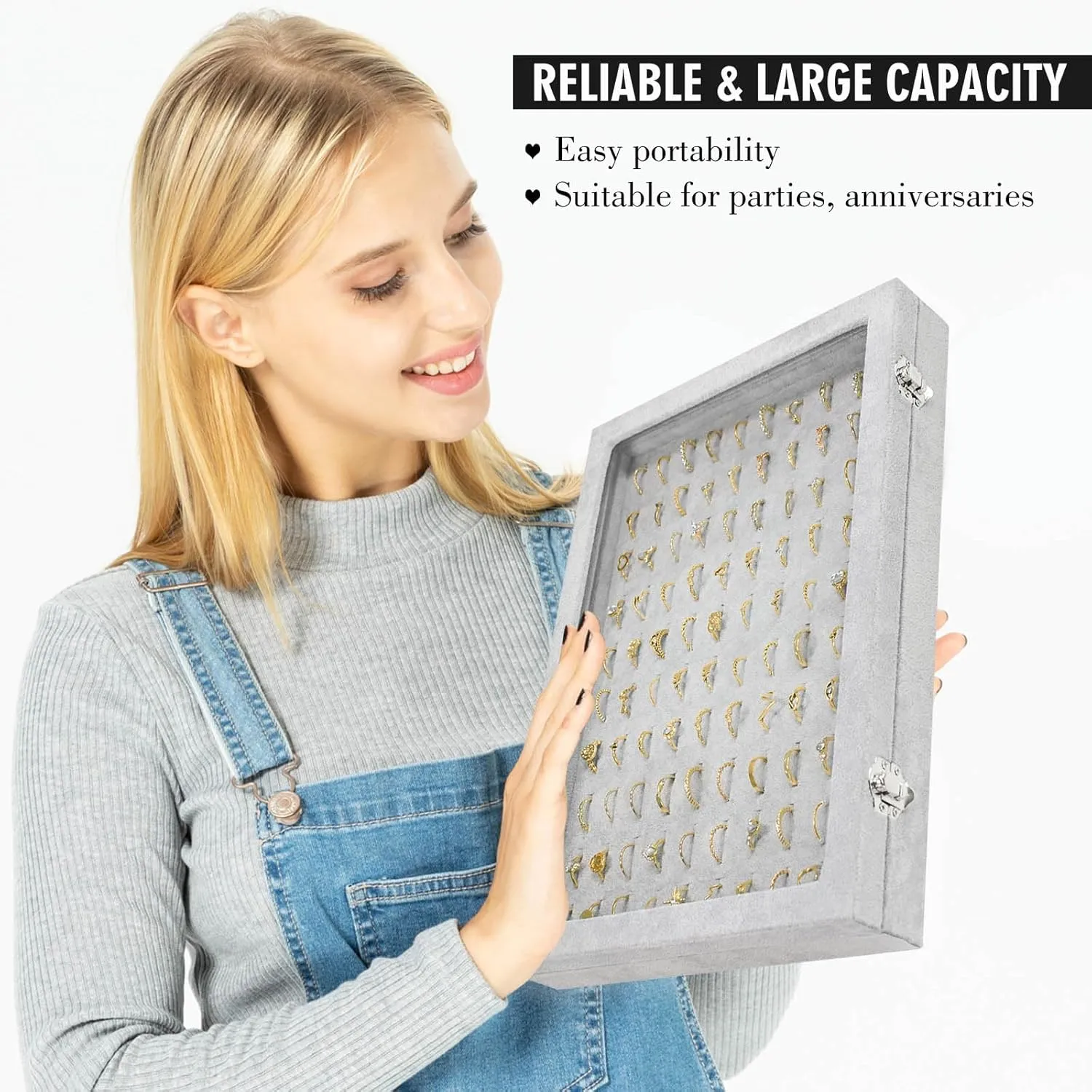 Ring Display Case Organizer Box with Transparent Lid, Showcase for Store Display Jewelry & Home, 100 Slot Ring Organizer (Grey)