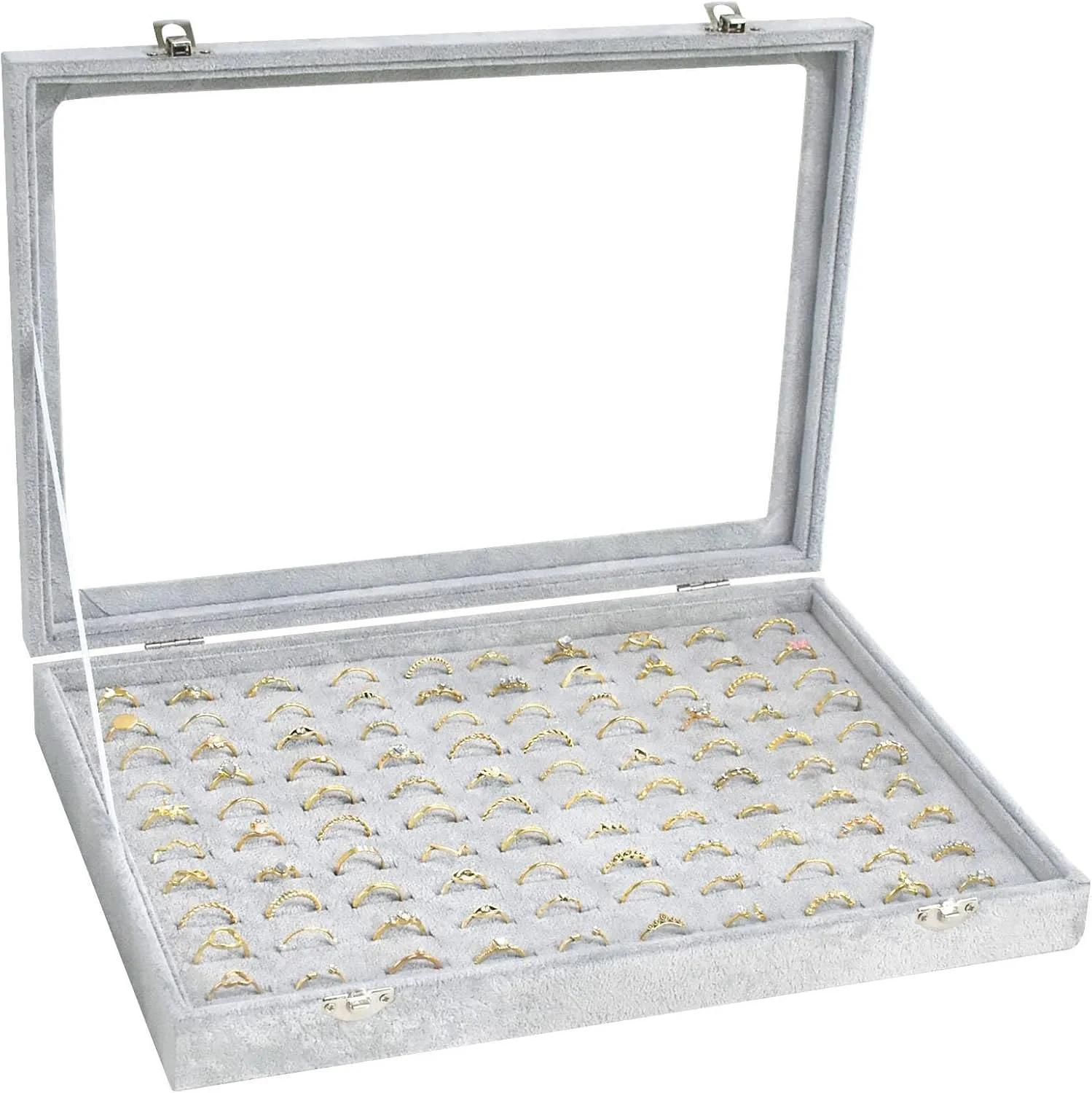 Ring Display Case Organizer Box with Transparent Lid, Showcase for Store Display Jewelry & Home, 100 Slot Ring Organizer (Grey)