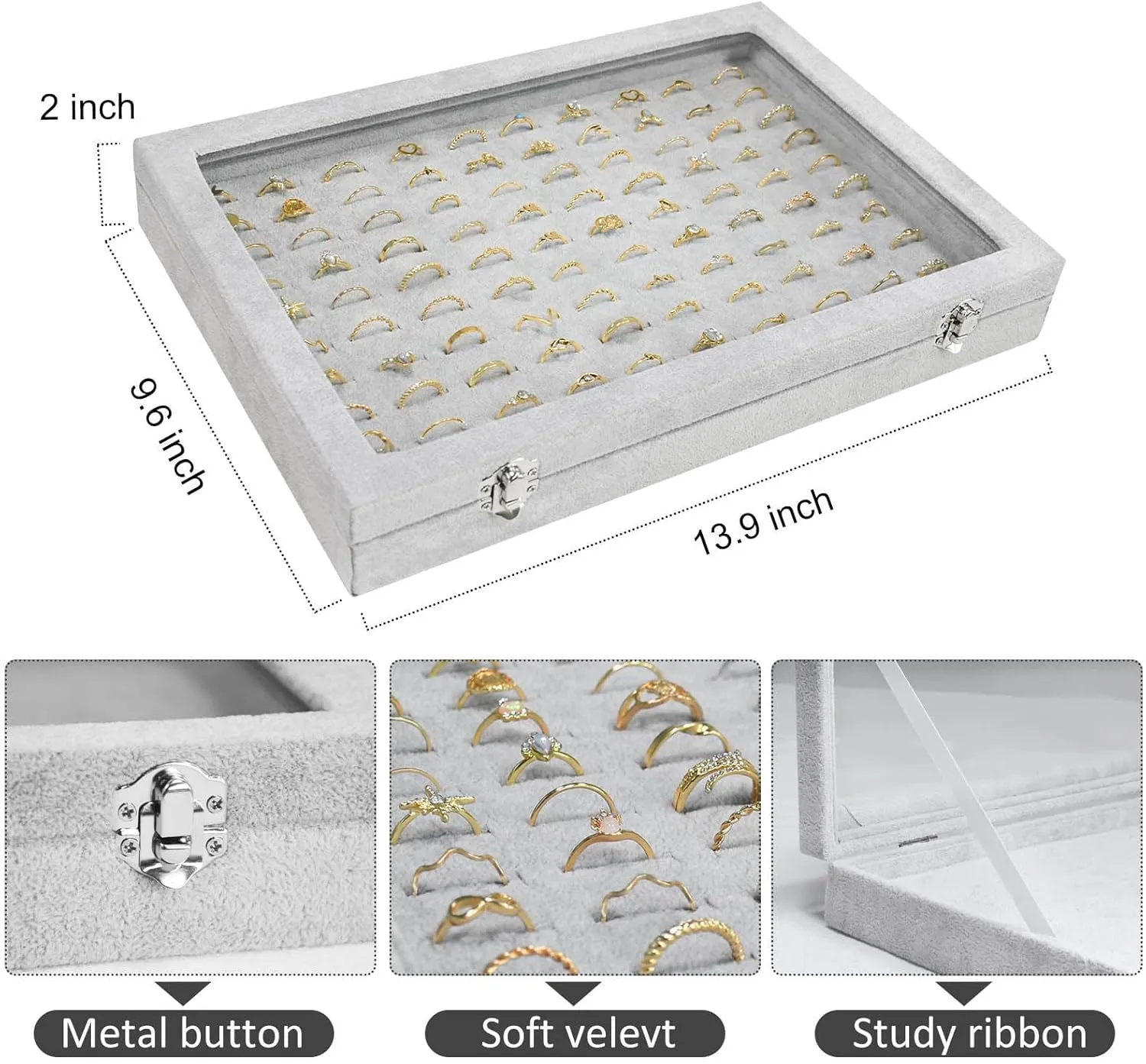 Ring Display Case Organizer Box with Transparent Lid, Showcase for Store Display Jewelry & Home, 100 Slot Ring Organizer (Grey)
