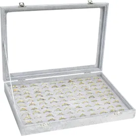 Ring Display Case Organizer Box with Transparent Lid, Showcase for Store Display Jewelry & Home, 100 Slot Ring Organizer (Grey)