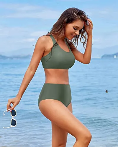 Sporty Women's High Waisted Two Piece Bikini Sports Crop Top Swimsuit-Army Green